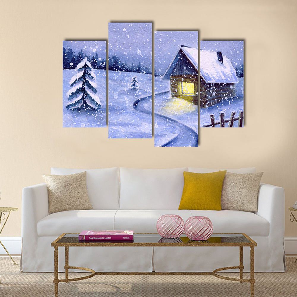Snowy Cabin with Winding Path Canvas Wall Art
