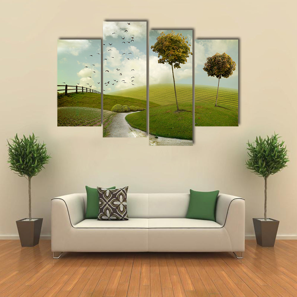 Winding Path Through Surreal Green Hills Canvas Wall Art