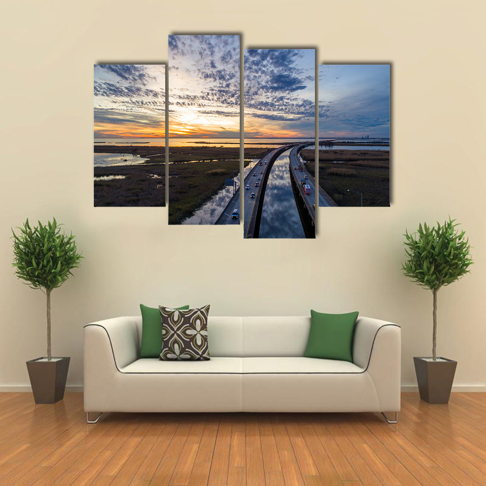 Sunset Over Highway Bridge Canvas Wall Art