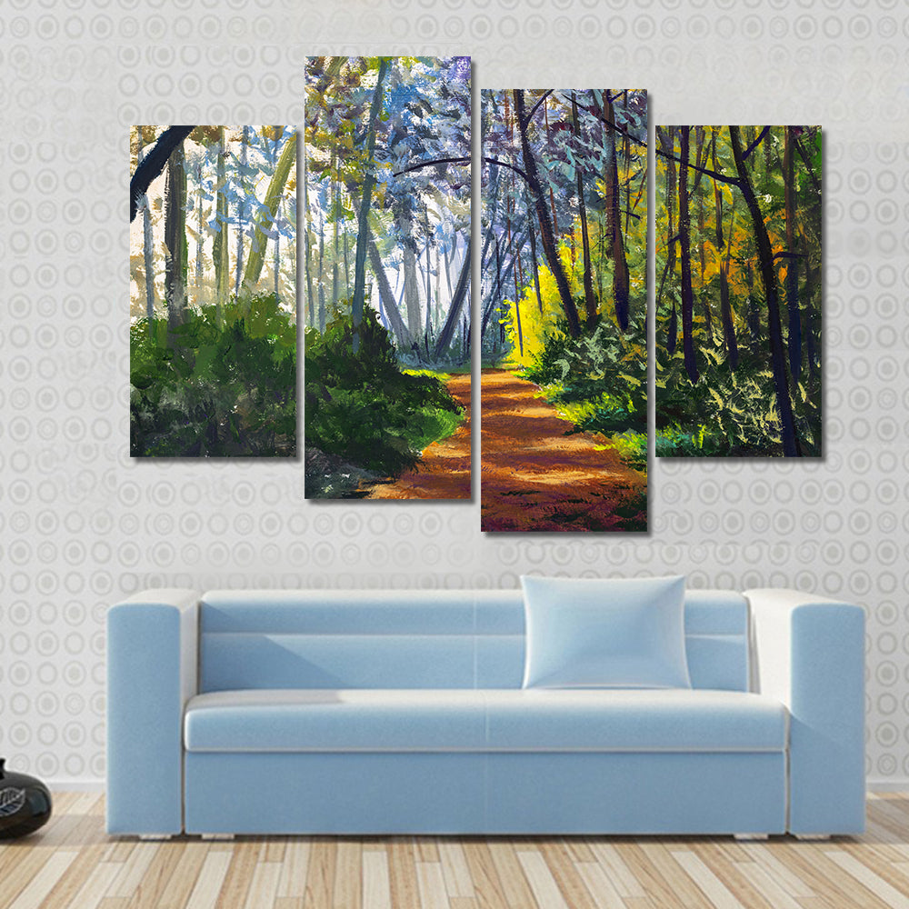 Sunlit Forest Path in Park Canvas Wall Art