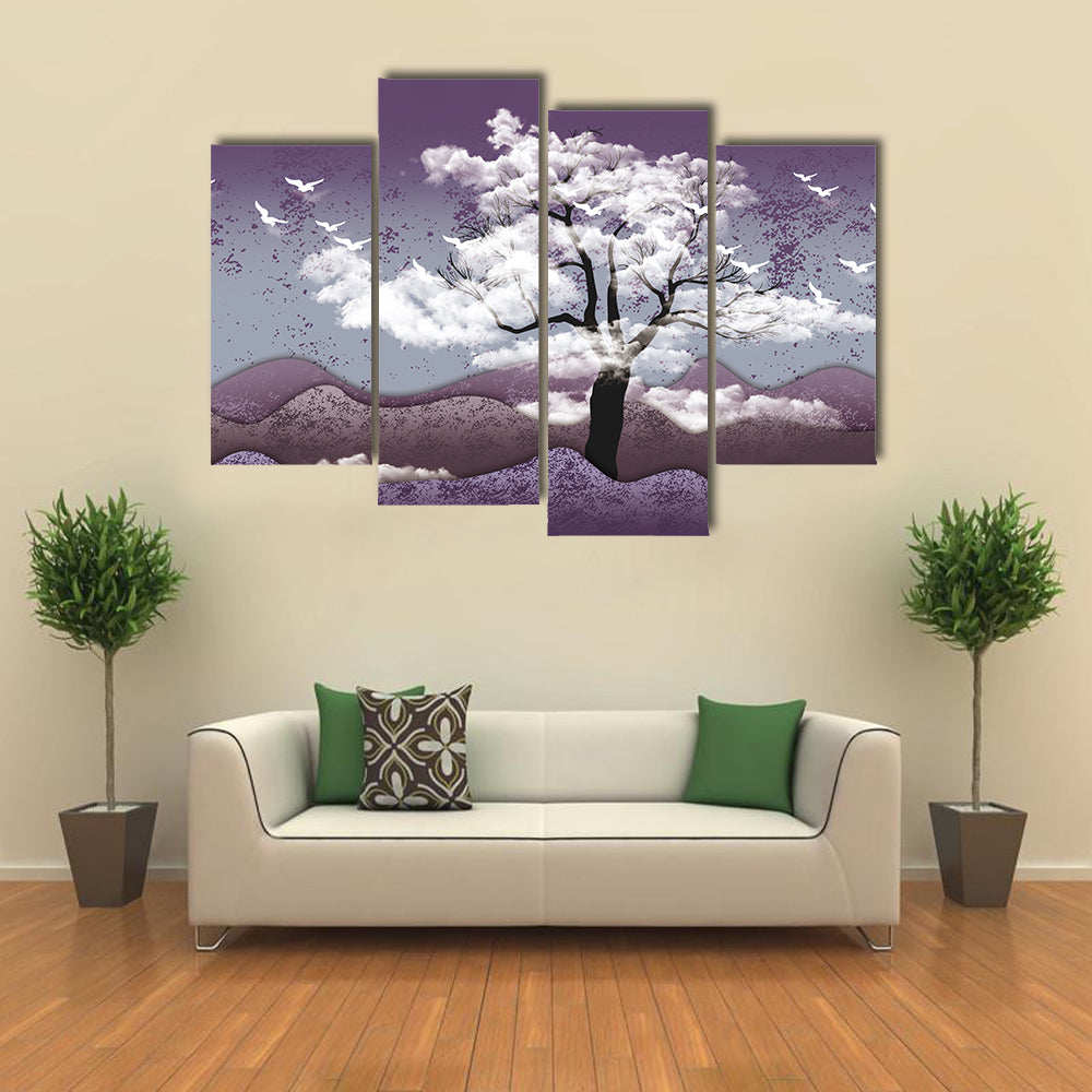 Cloud-leaf Tree Over Misty Lavender Hills Canvas Wall Art