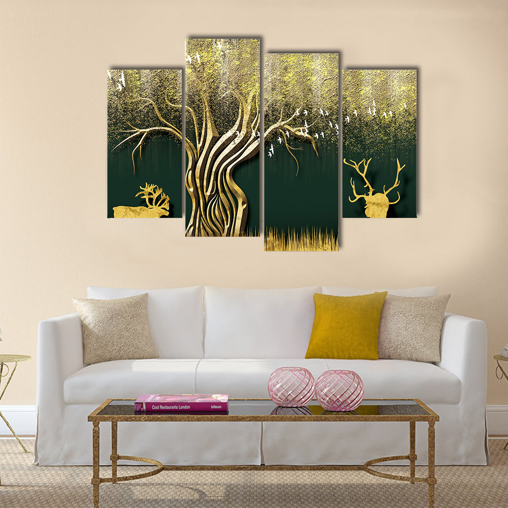 Abstract Golden Tree and Deer Silhouettes Canvas Wall Art