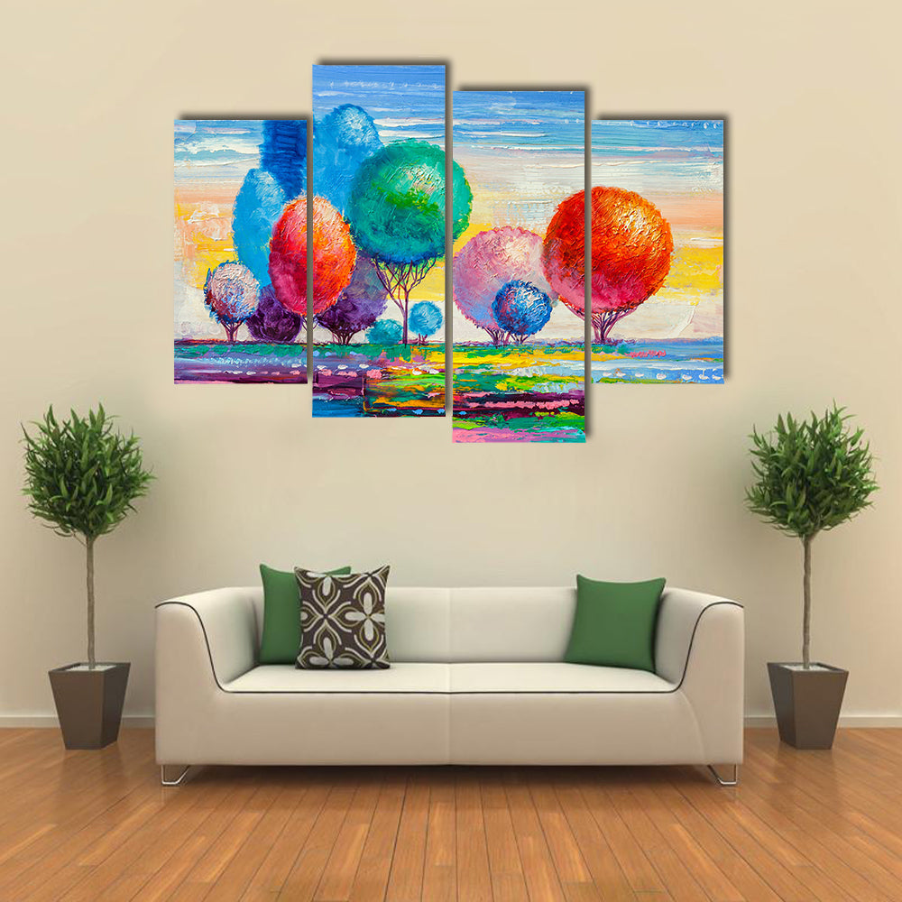 Colorful Autumn Meadow with Stylized Trees Canvas Wall Art