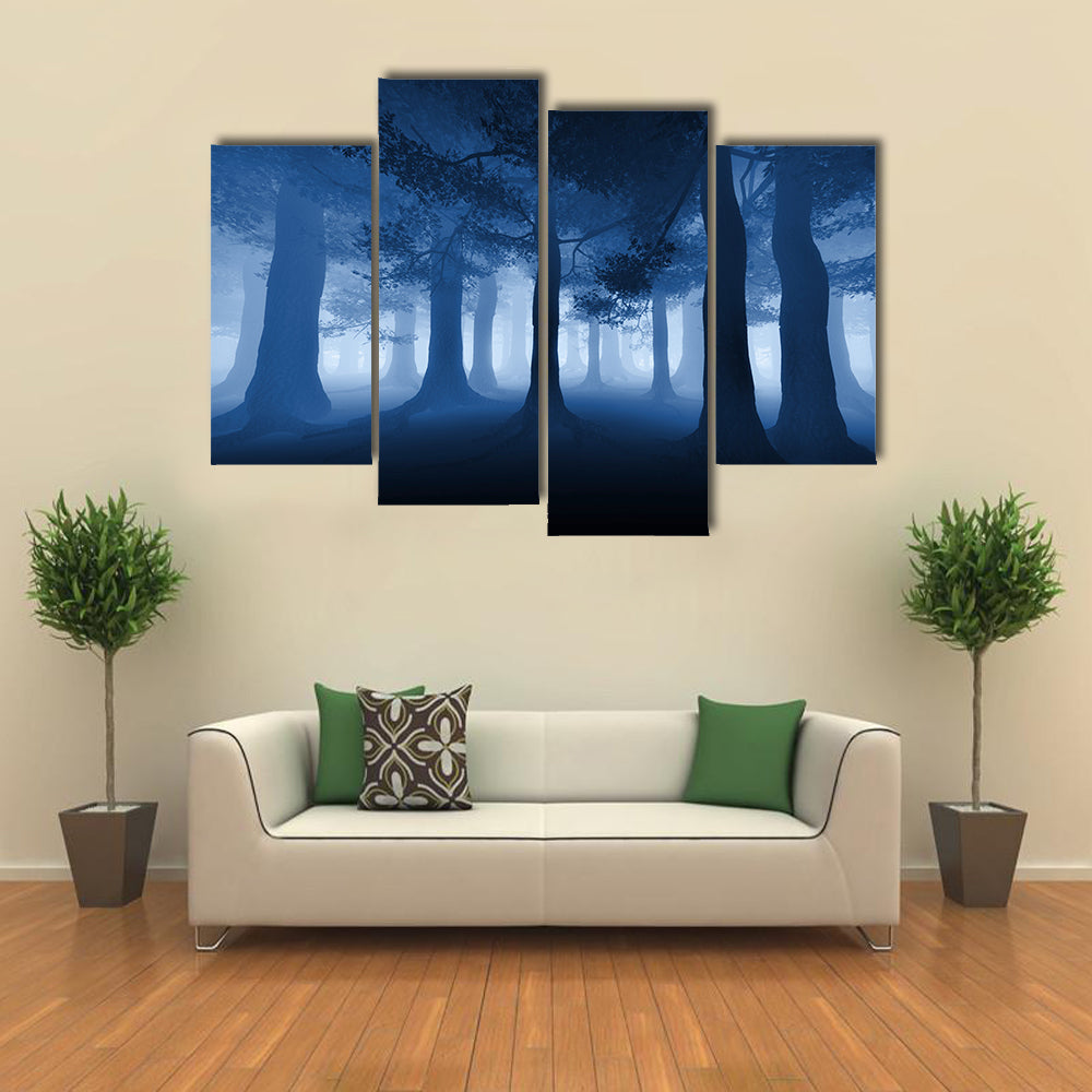 Dark Blue Forest With A Ray Of Light Canvas Wall Art
