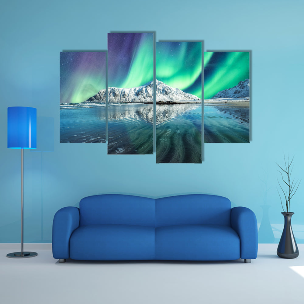 Northern Lights On Snowy Mountain In Lofoten Islands Canvas Wall Art
