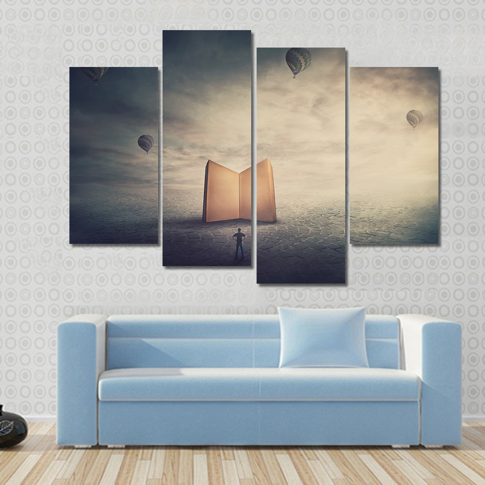 Monolithic Glowing Book Over Parched Desert Canvas Wall Art
