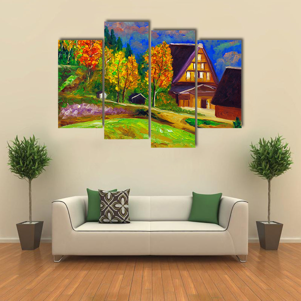 Autumn Gassho-zukuri Village with Glowing Windows Canvas Wall Art