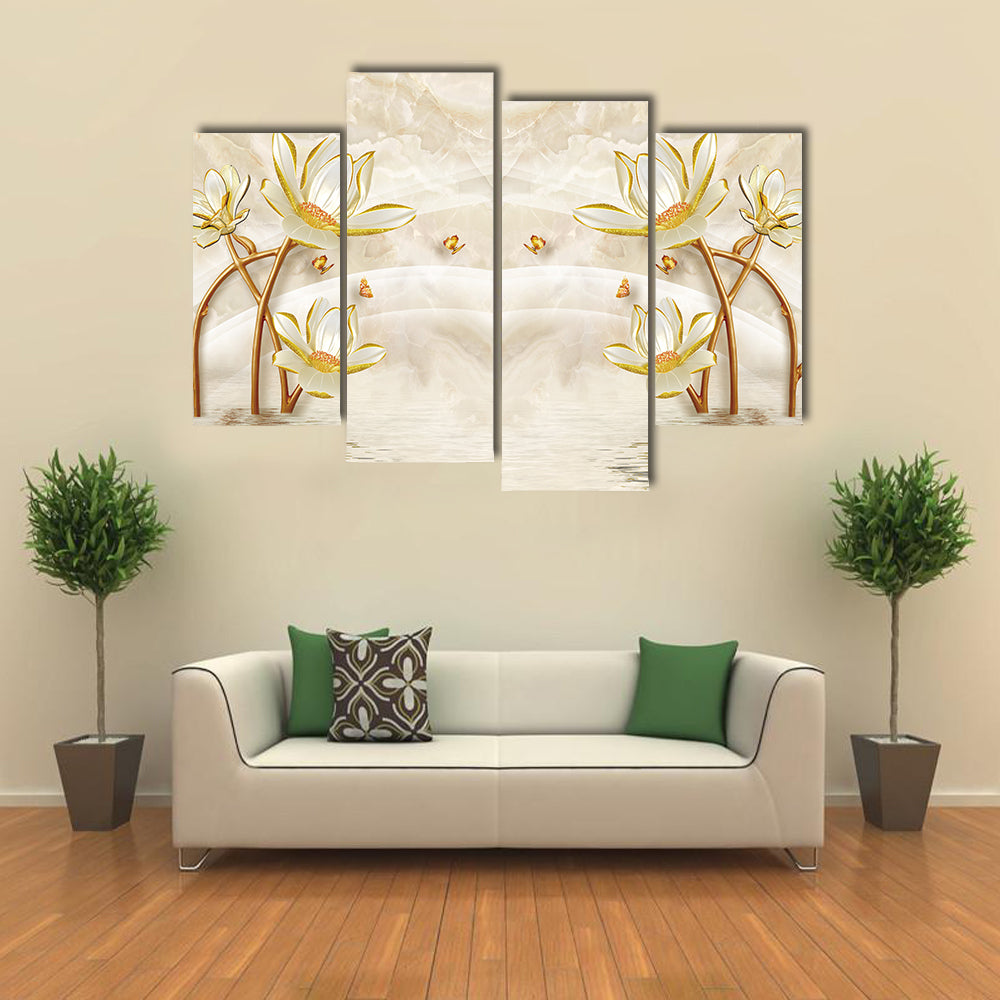 Gold-edged Lotus and Butterflies Illustration Canvas Wall Art