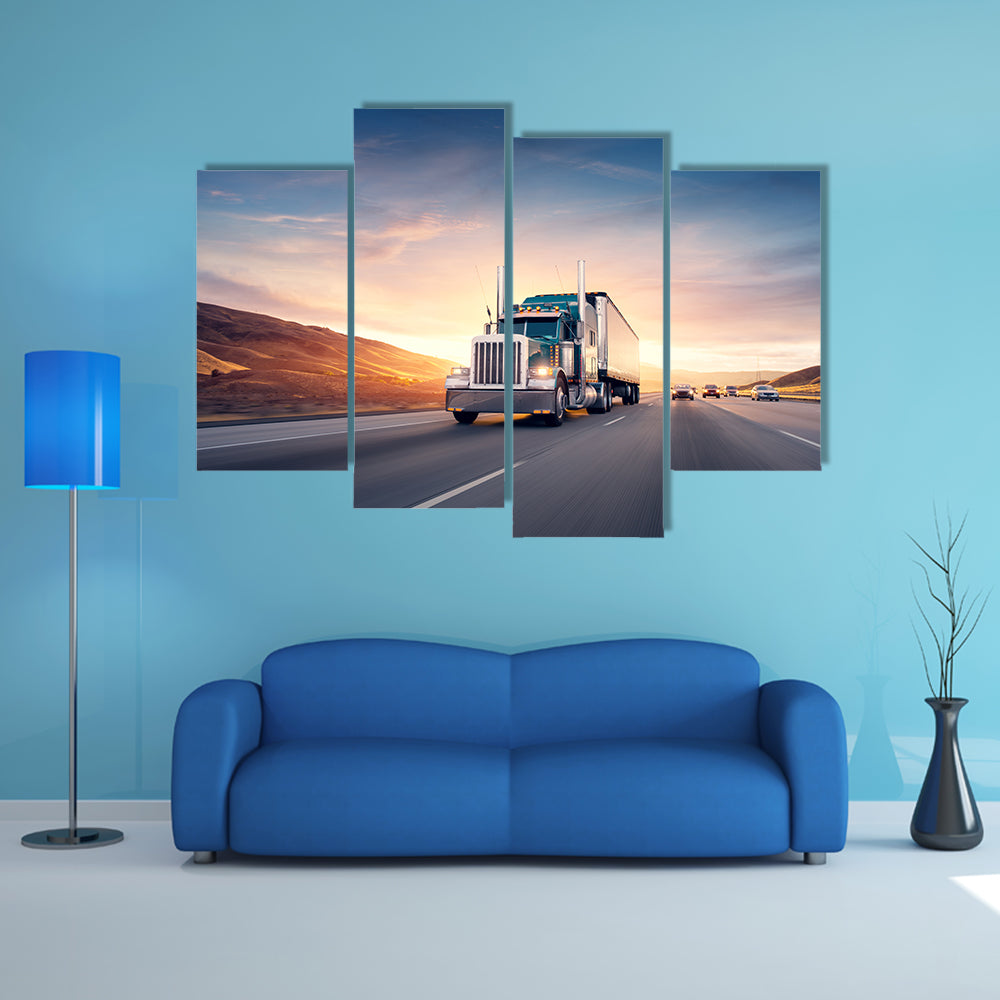 American Style Truck On Freeway Pulling Load Canvas Wall Art