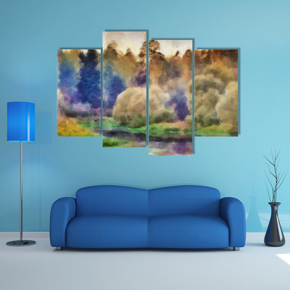 Autumn Watercolor Forest with River Canvas Wall Art