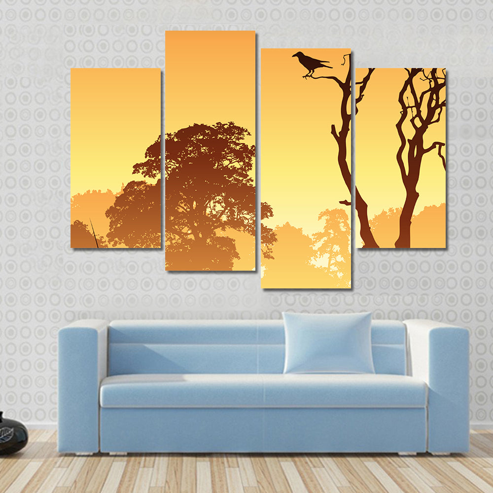 Country Meadow Landscape With Trees And Bird Canvas Wall Art