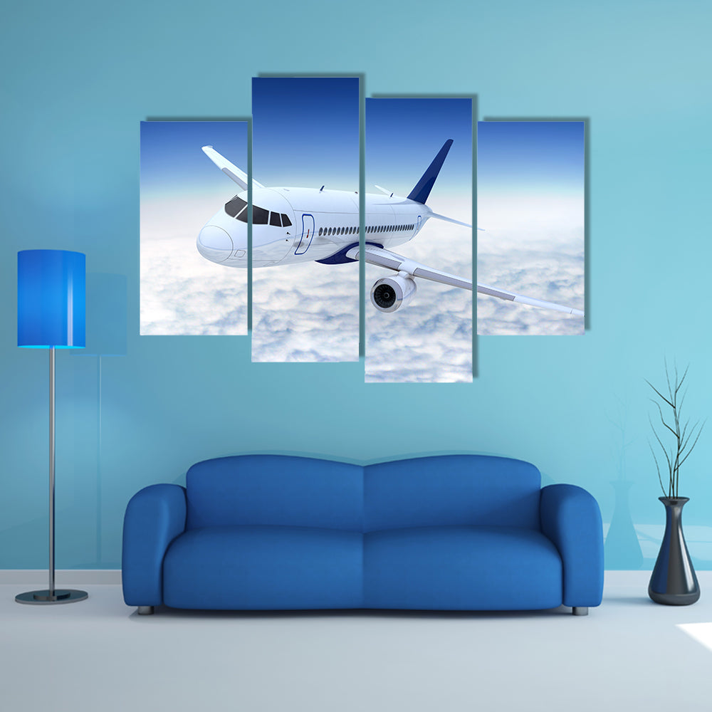 White Jet Banking Above Cumulus Clouds Canvas Wall Art