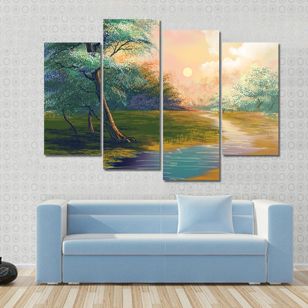 River In Spring Forest Sunset Canvas Wall Art