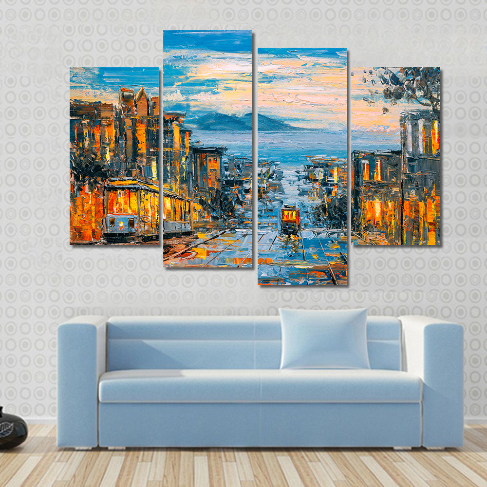 San Francisco Cable Cars on Rain-soaked Street Canvas Wall Art