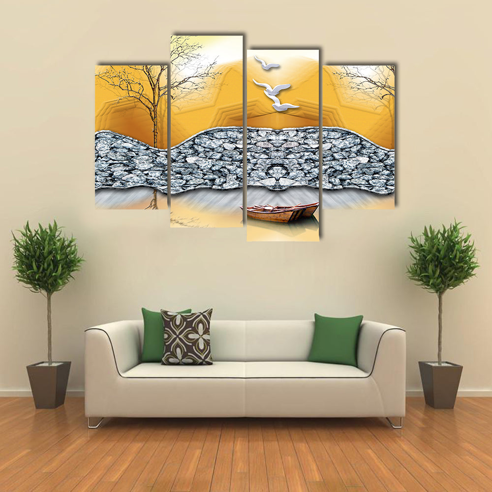 3d Lake Illustration with Boat Canvas Wall Art