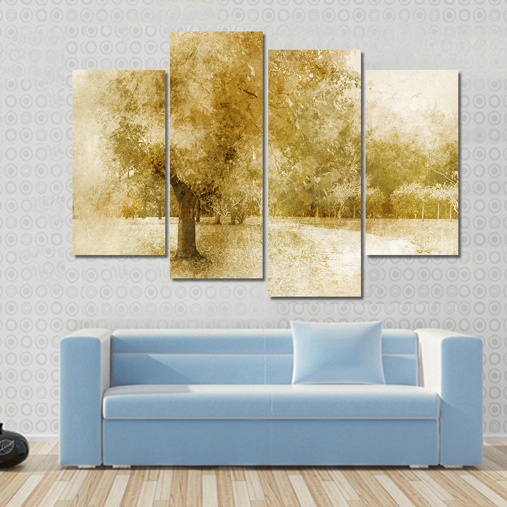 Sepia Autumn Park with Lone Tree Canvas Wall Art