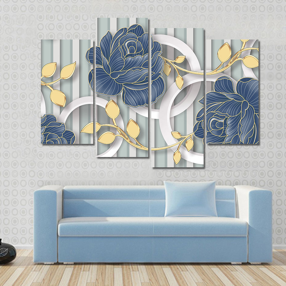 Abstract Blue Roses with Gold Leaves and Rings Canvas Wall Art