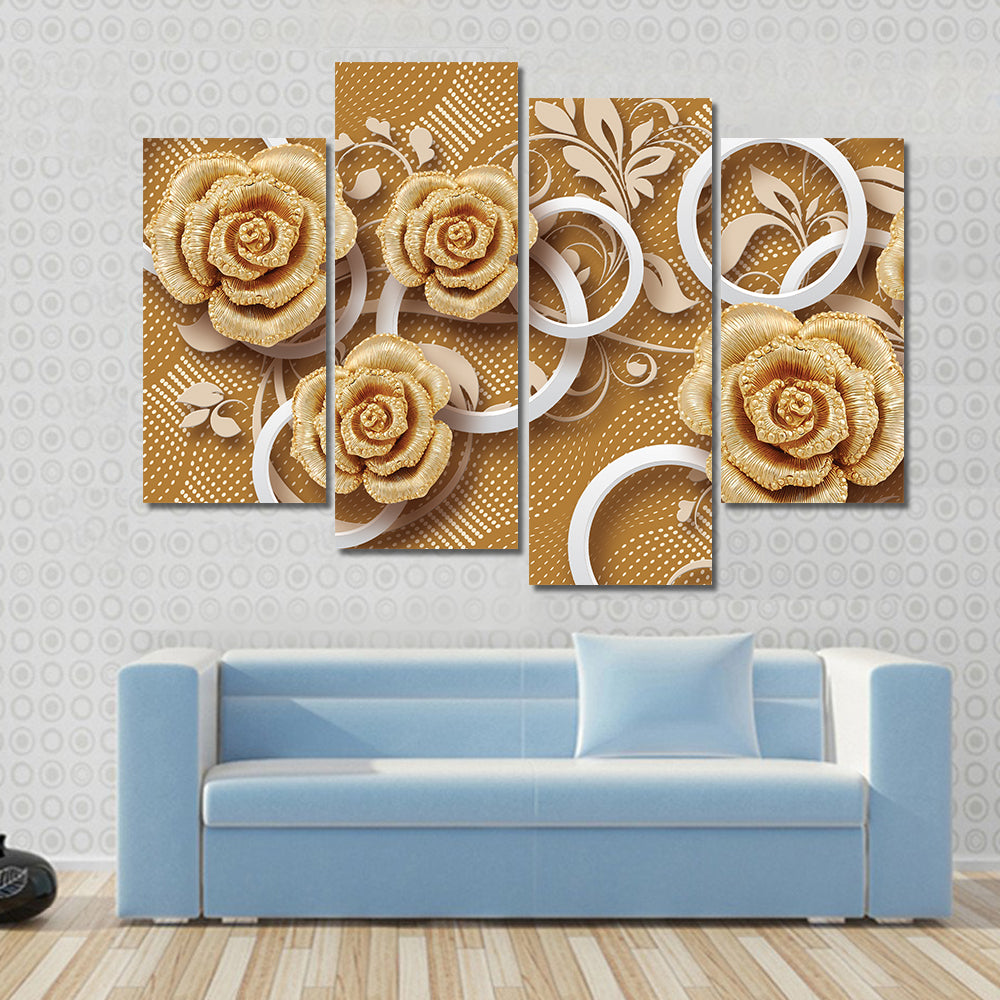 3d Golden Rose Flower Canvas Wall Art