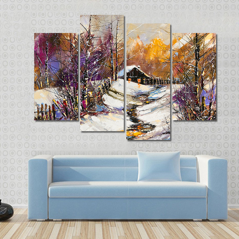 Rural Winter Landscape with Cabin Canvas Wall Art