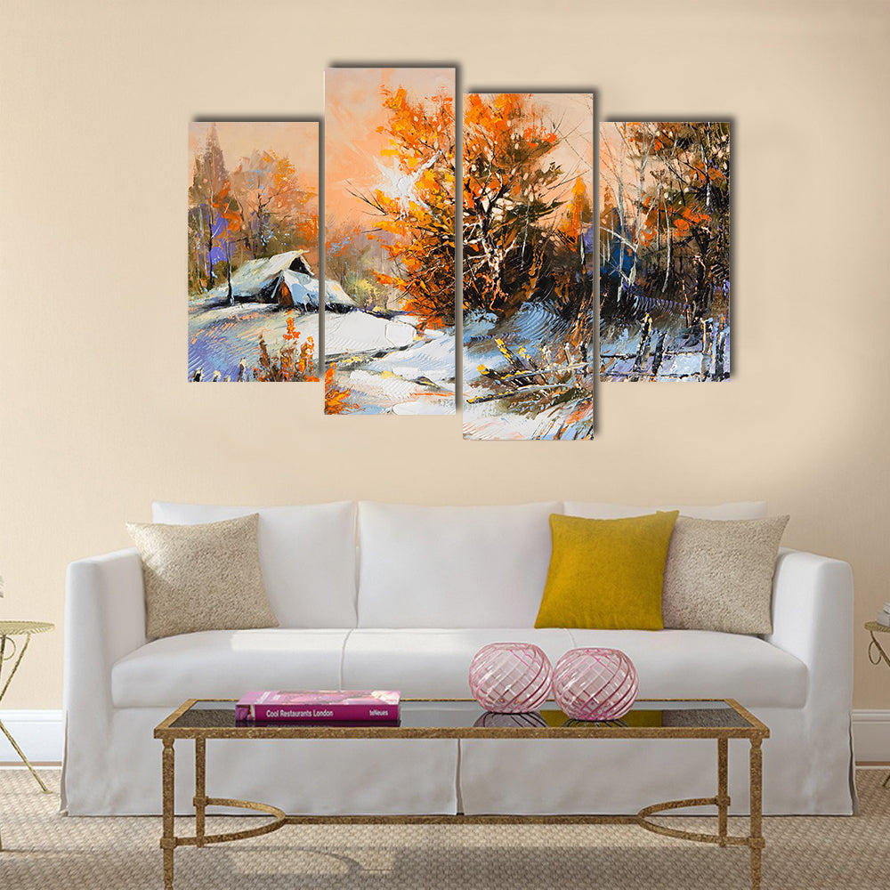 Snow-covered Cabin with Orange Foliage Canvas Wall Art