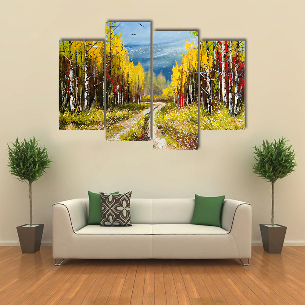 Autumn Forest Path with Birch Trees Canvas Wall Art