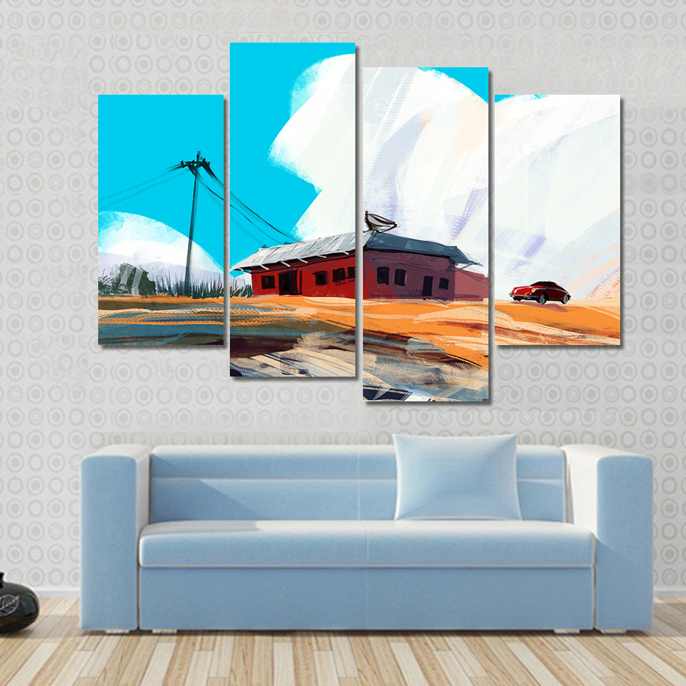 Red House and Vintage Car in Desert Canvas Wall Art