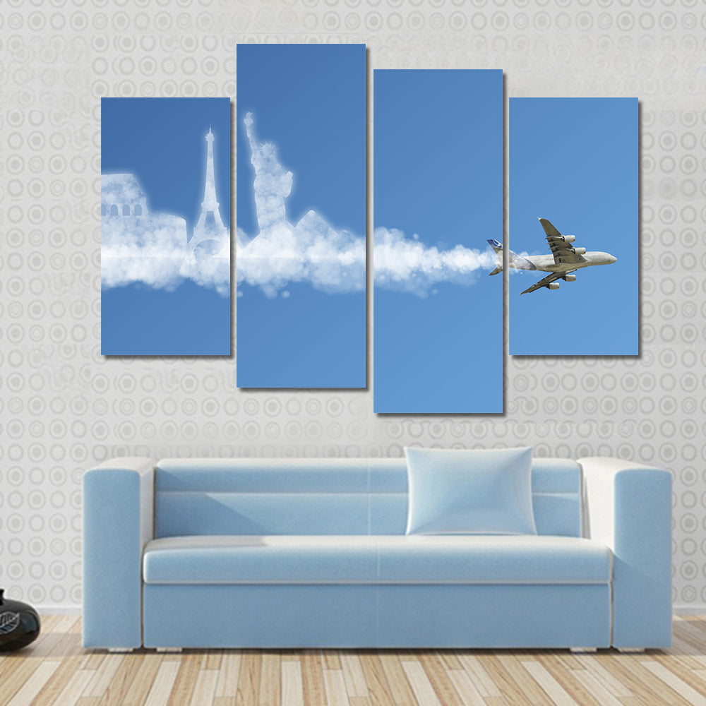 Commercial Jet with Landmark Smoke Trail Canvas Wall Art in white and blue, framed canvas, product view on a white background