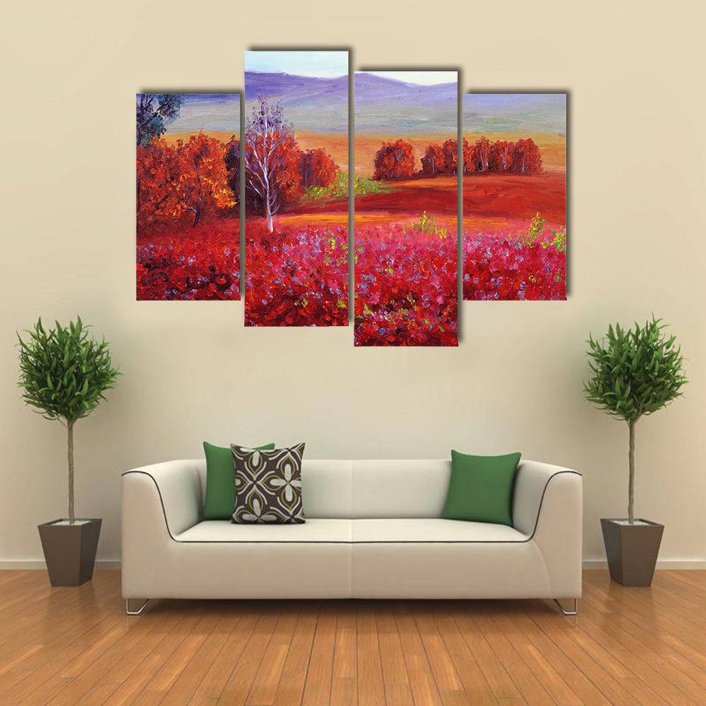 Red Flower Field with White Birch Canvas Wall Art