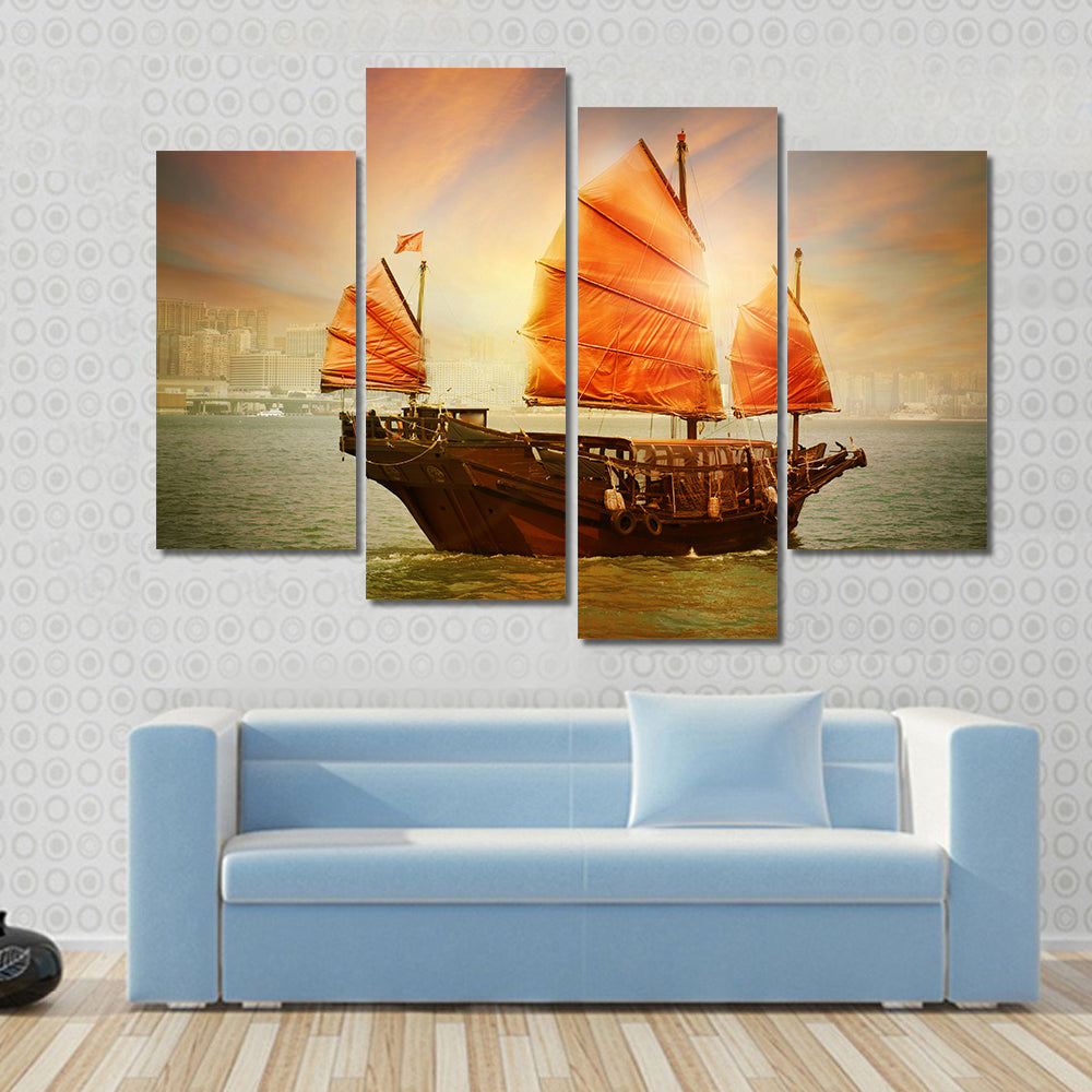 Chinese Junk Boat at Sunset Canvas Wall Art