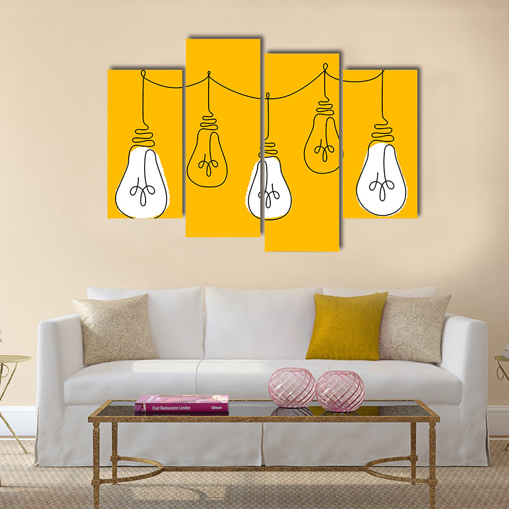 Five Light Bulbs Line on Yellow Canvas Wall Art