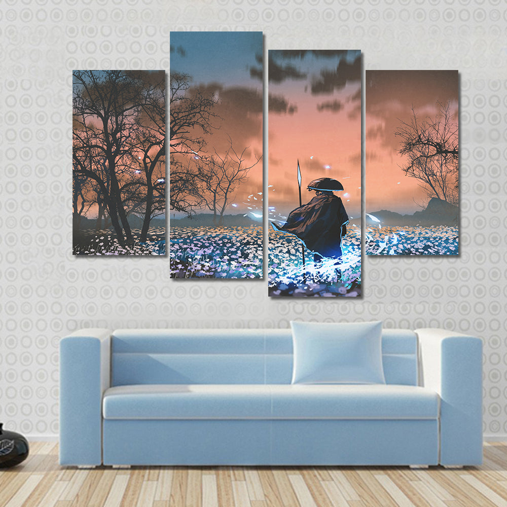 Ancient Samurai in Flowered Meadow Canvas Wall Art