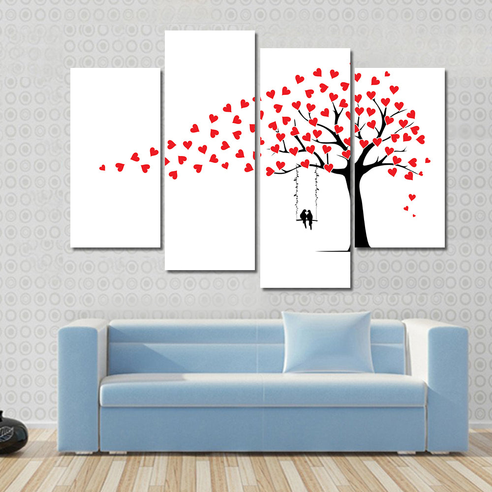 Tree with Heart Leaves and Couple on Swing Canvas Wall Art