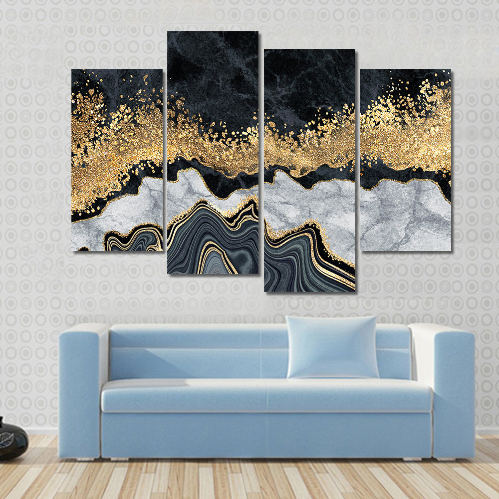 Gold-accented Black and White Marble Abstract Canvas Wall Art