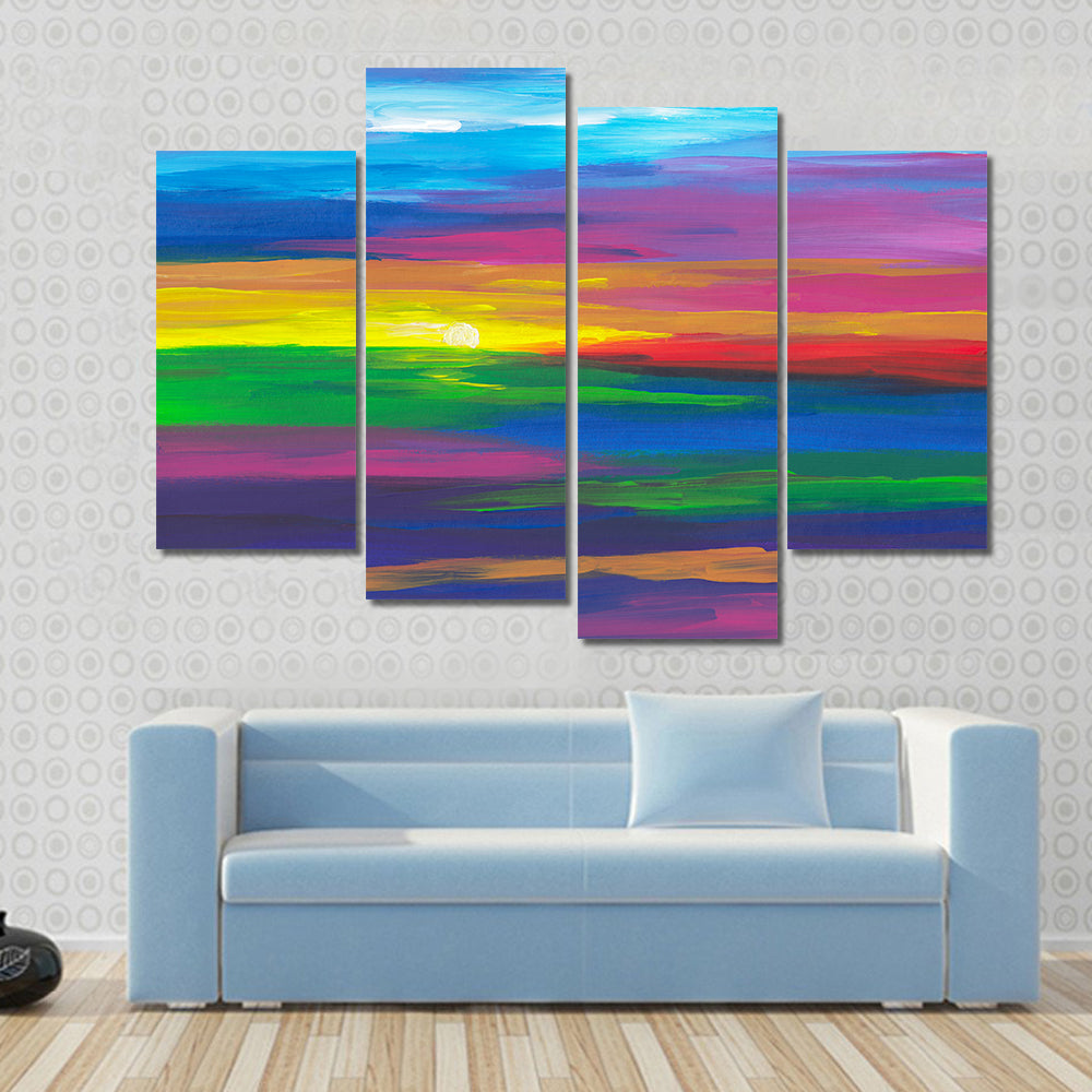 Abstract Sunset Landscape with Impasto Sun Canvas Wall Art