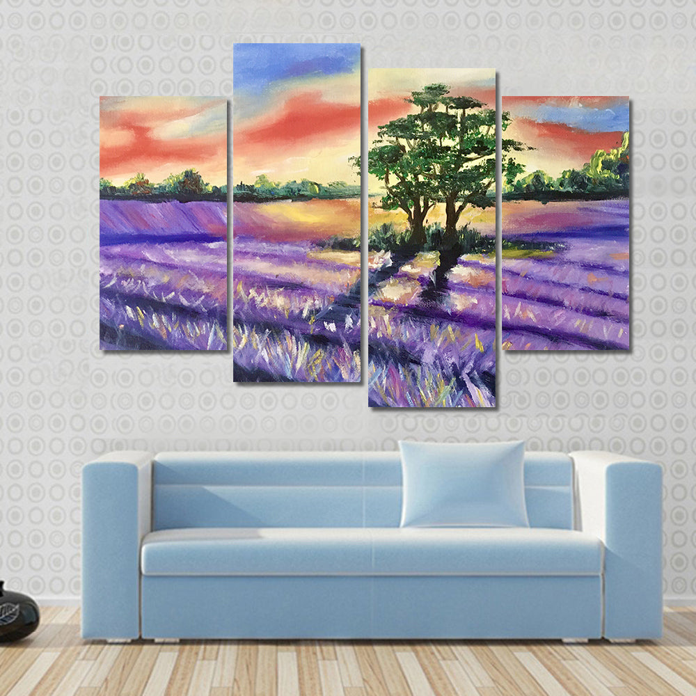Lavender Field at Golden Sunset Canvas Wall Art