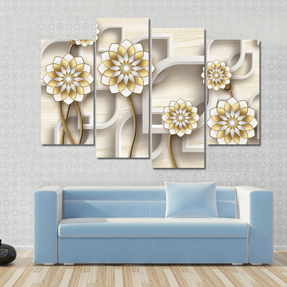 3d Gold and White Floral Illustration Canvas Wall Art