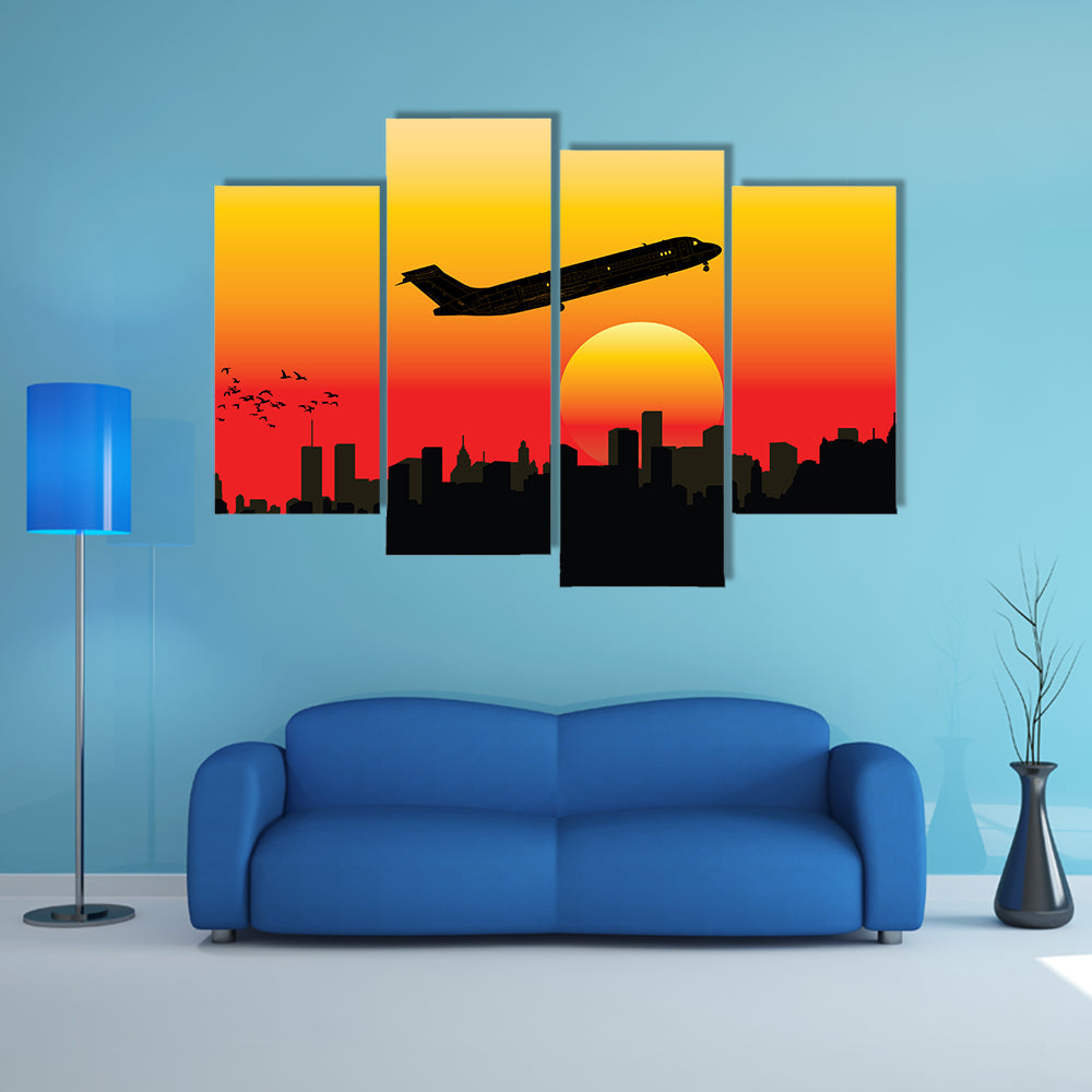 Passenger Jet Silhouette at Sunset Canvas Wall Art