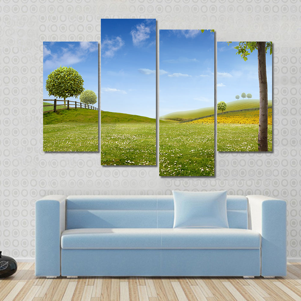 Summer Green Fields with Daisies Canvas Wall Art