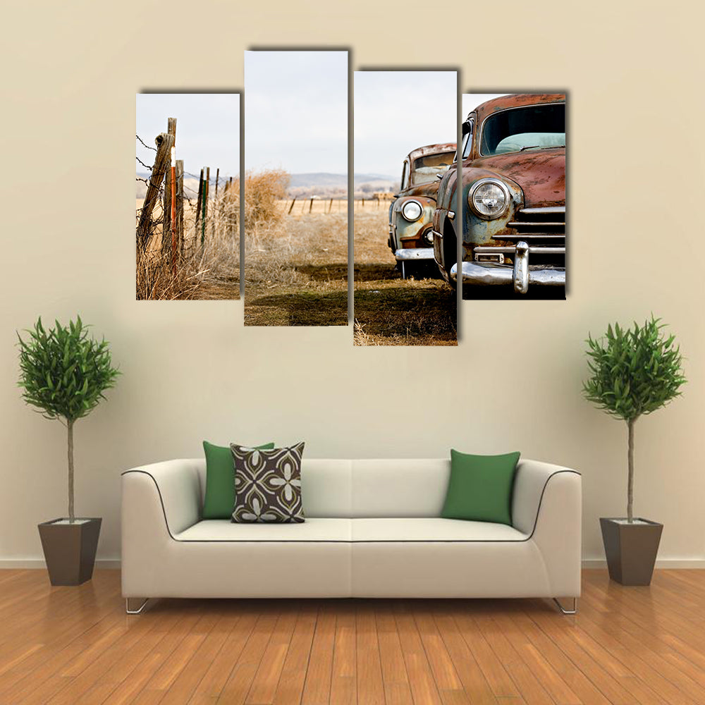 Rusty Vintage Cars in Rural Field Canvas Wall Art