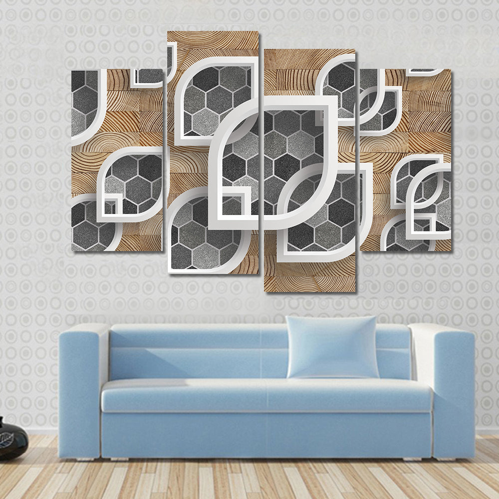 Layered Geometric Leaves with Wood Grain Canvas Wall Art