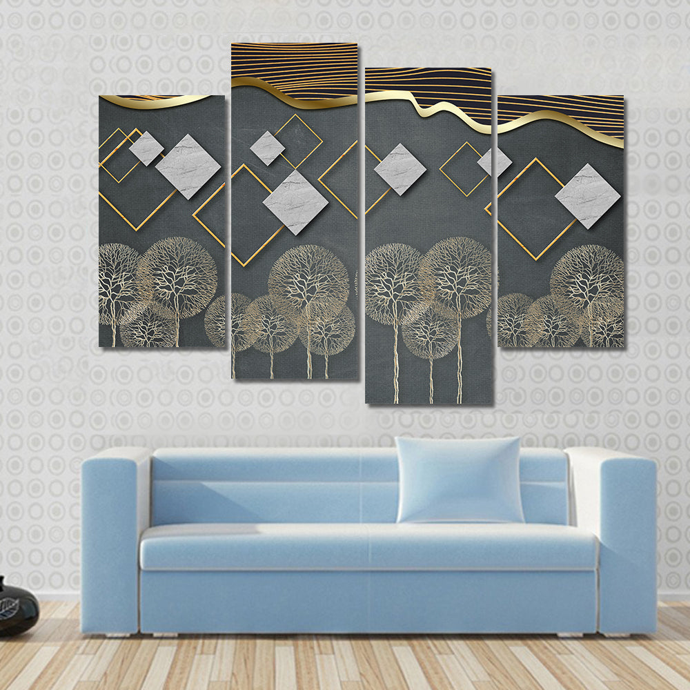 Geometric Trees with Gold Wave and Marble Diamonds Canvas Wall Art