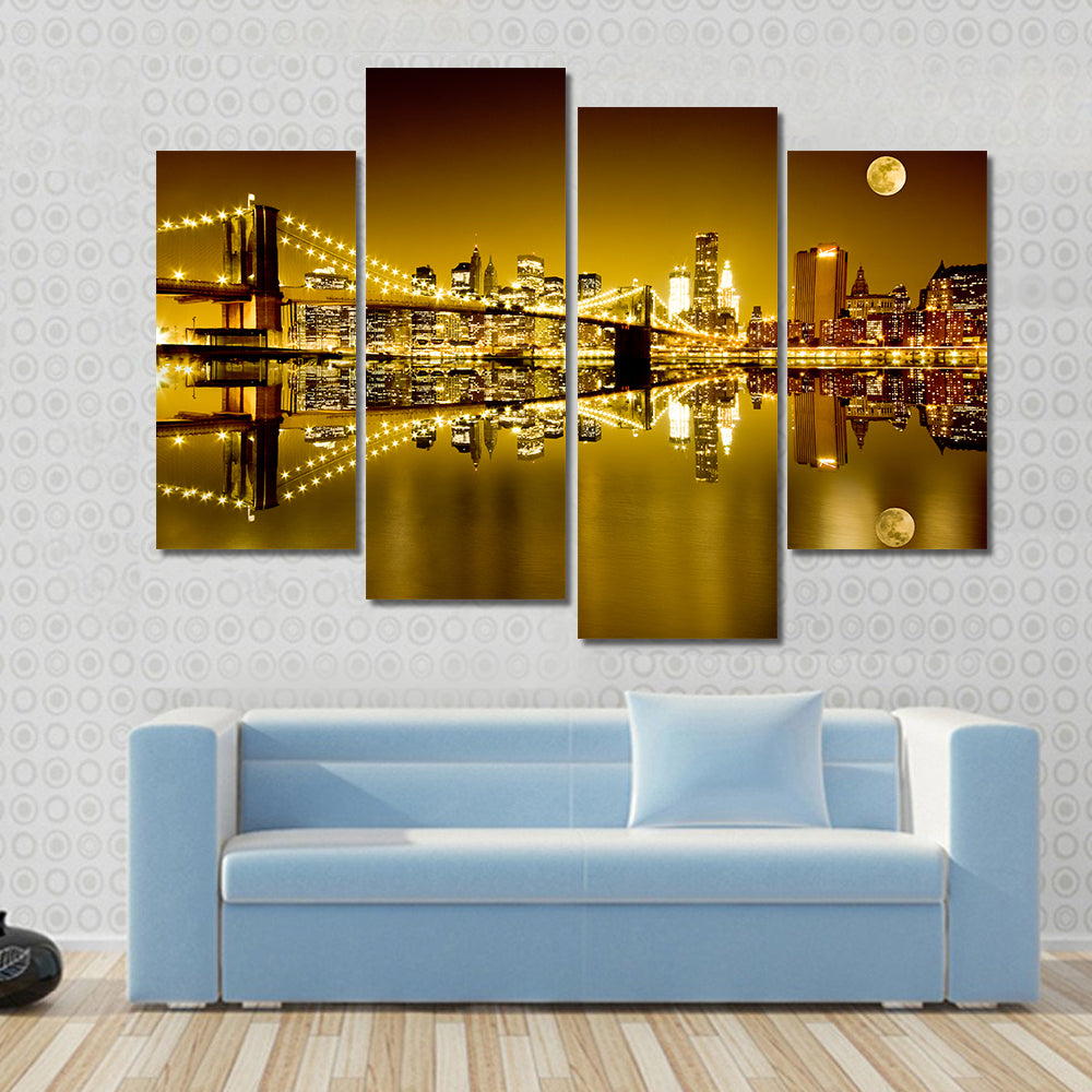 Moonlit Brooklyn Bridge and Lower Manhattan Canvas Wall Art