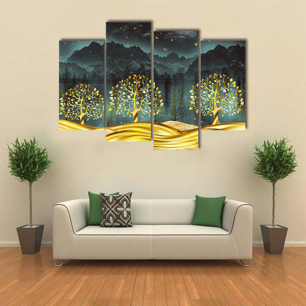 Moonlit Golden Trees Abstract Landscape Canvas Wall Art