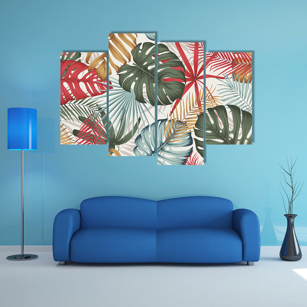 Seamless Colorful Monstera and Palm Leaves Canvas Wall Art
