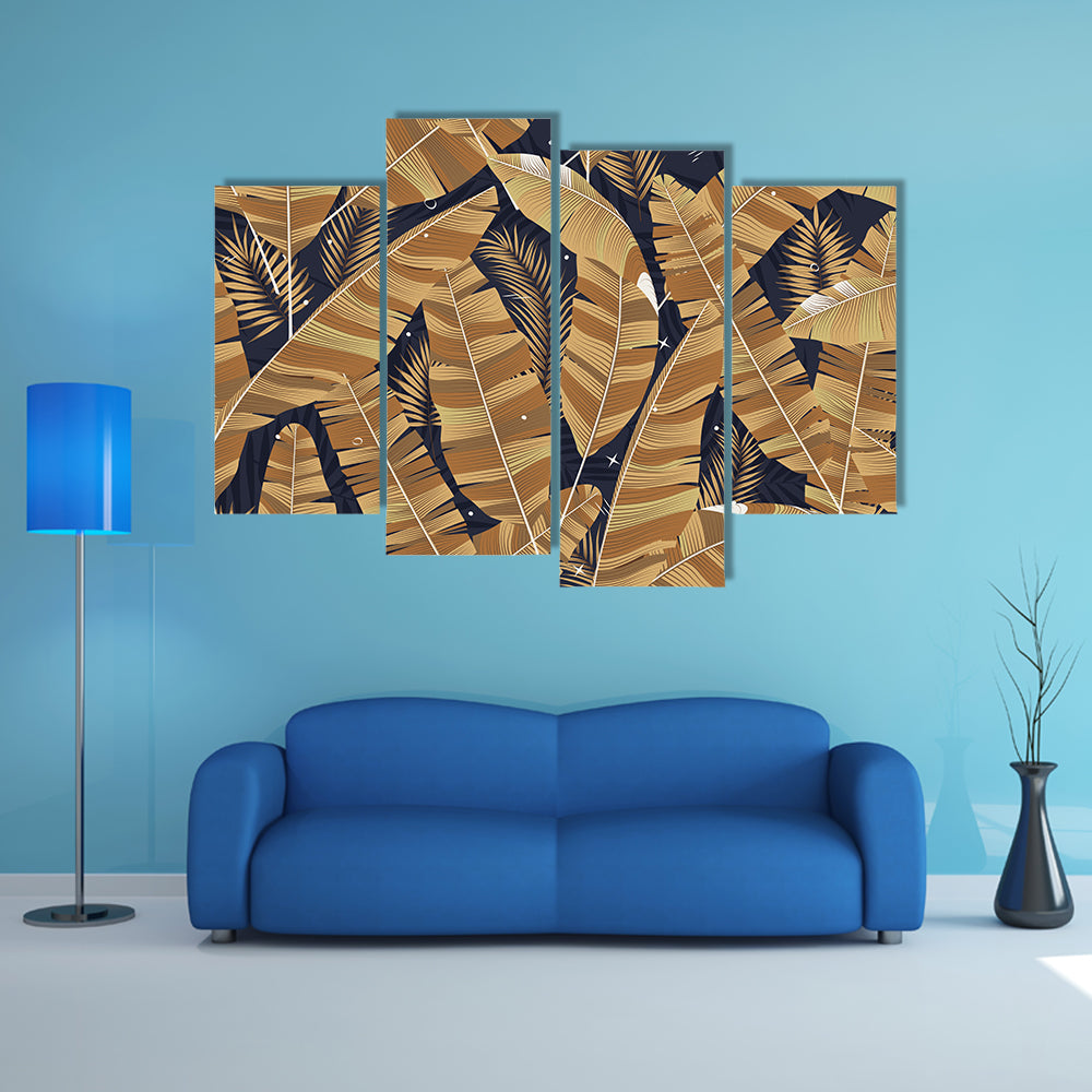 Banana Leaves Pattern in Navy and Gold Canvas Wall Art