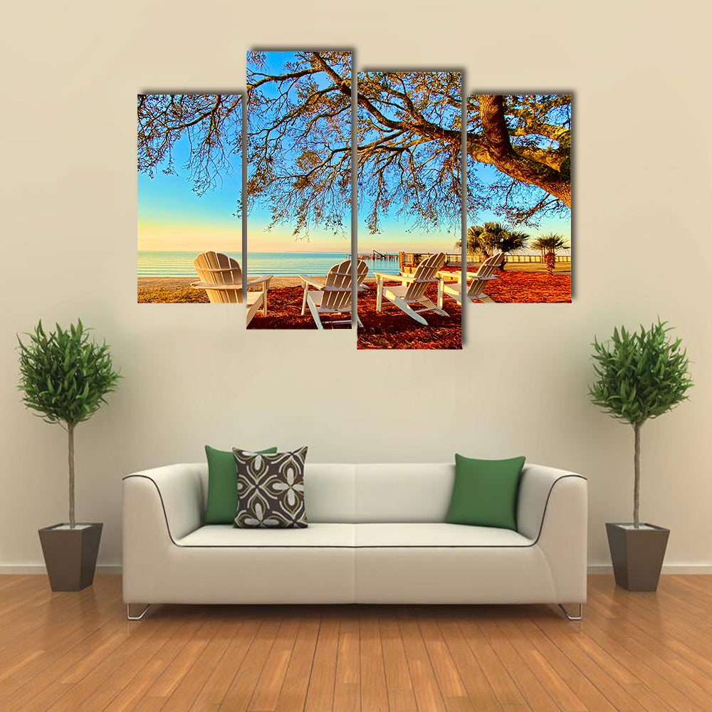 Four White Adirondack Chairs at Sunset Canvas Wall Art