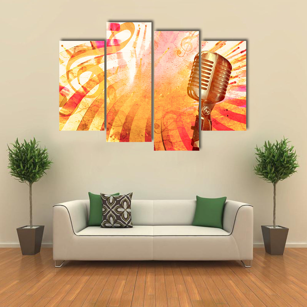 Retro Microphone with Musical Notes Canvas Wall Art