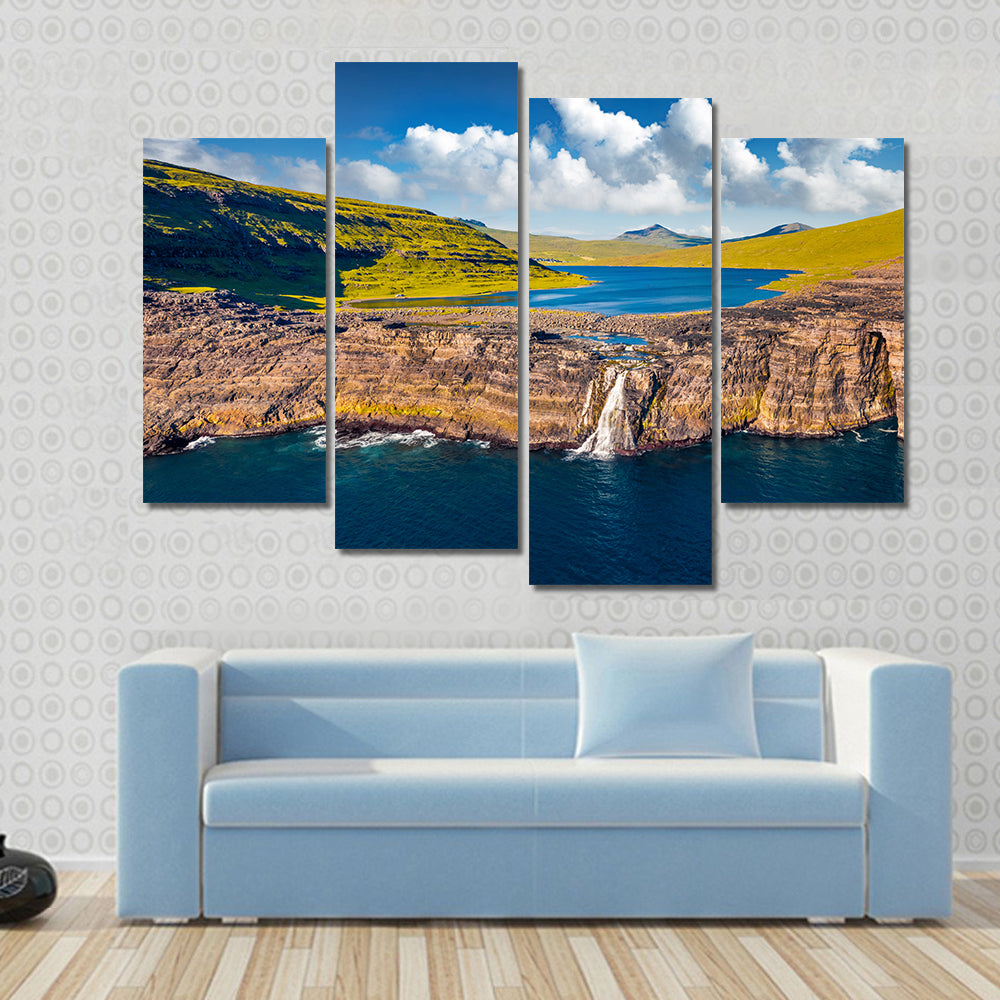 Bosdalafossur Waterfall And Sorvagsvatn Lake In Denmark Canvas Wall Art