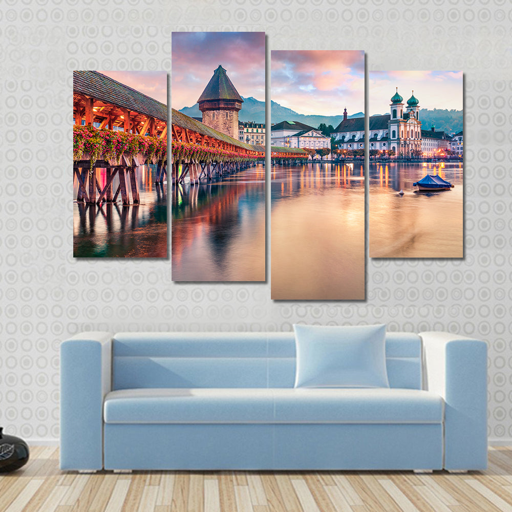 Old Wooden Chapel Bridge Kapellbrucke In Switzerland Canvas Wall Art