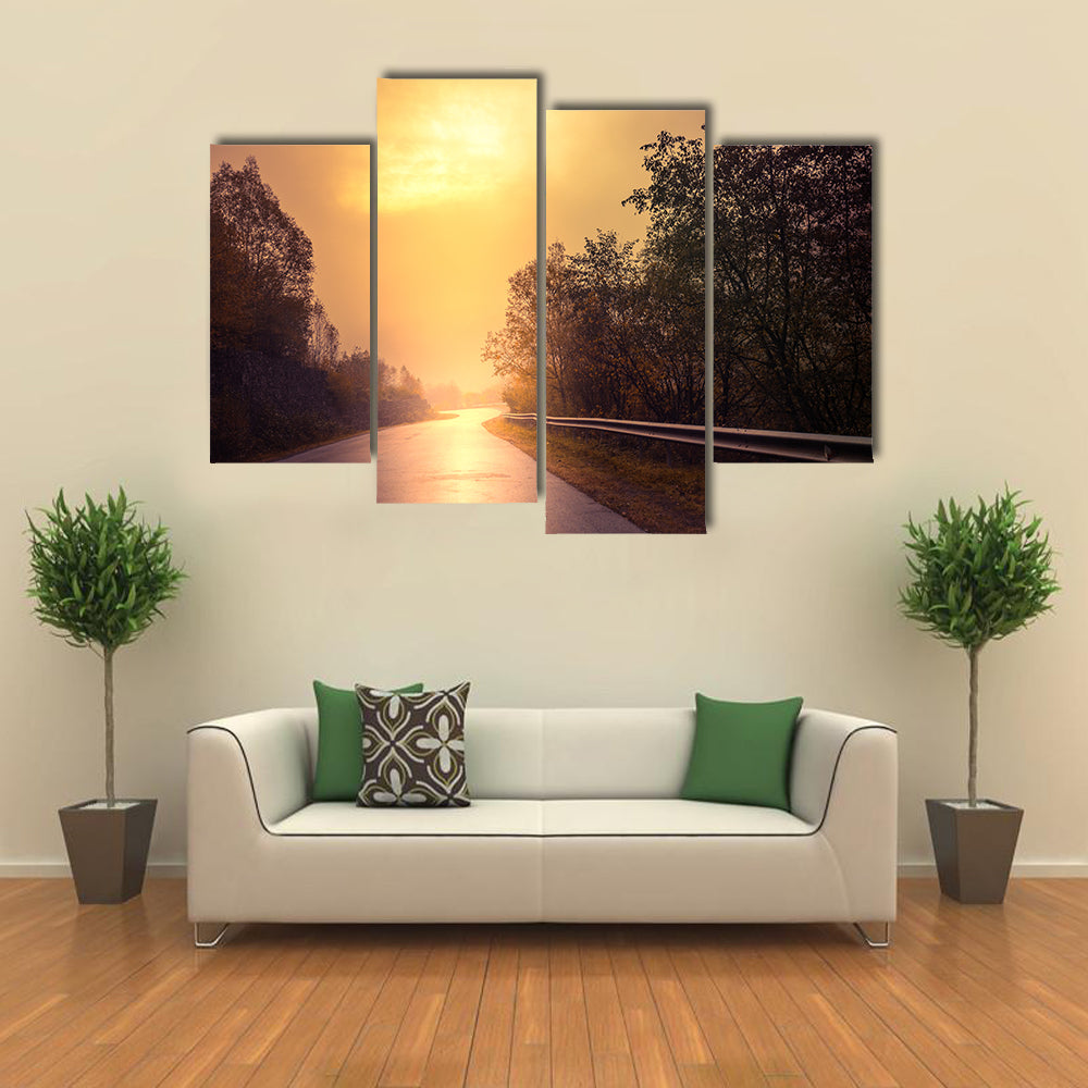Windy Road Among The Forest At Sunset Canvas Wall Art